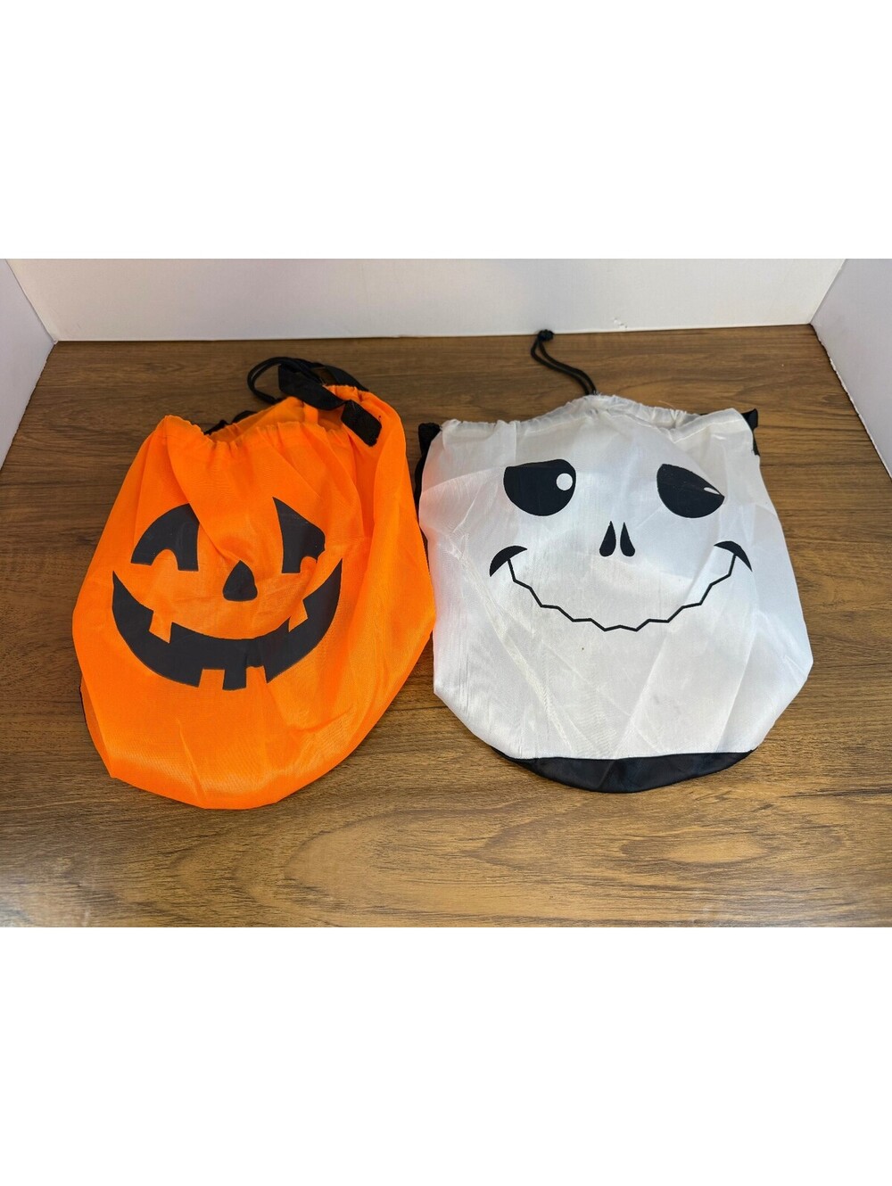 Halloween Trick or Treat Drawstring Bags Lot of 2 Pumpkin Skeleton Candy Bags
